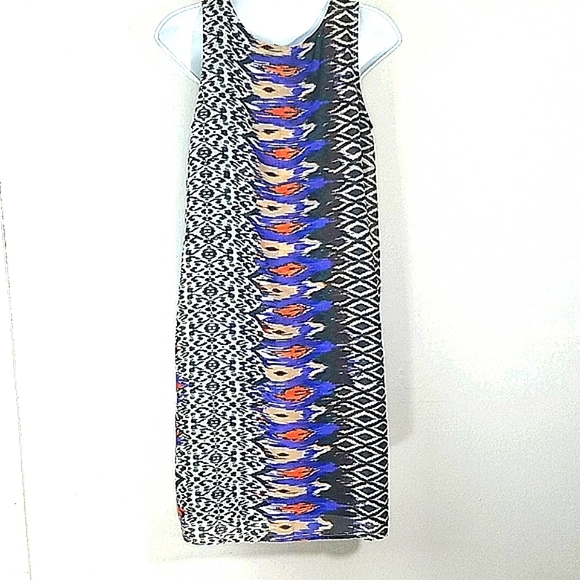 Sun Dress Sheath chiffon tribal geometric print overlay midi stretch sleeveless - Picture 4 of 11